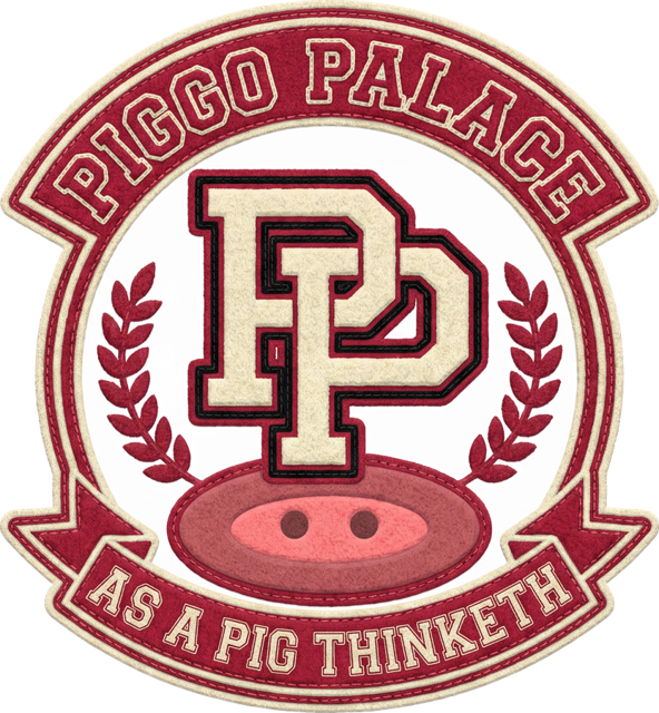 Piggo Palace logo: a varsity letterman patch with an interlocking PP on a pig snout, reading As a Pig Thinketh