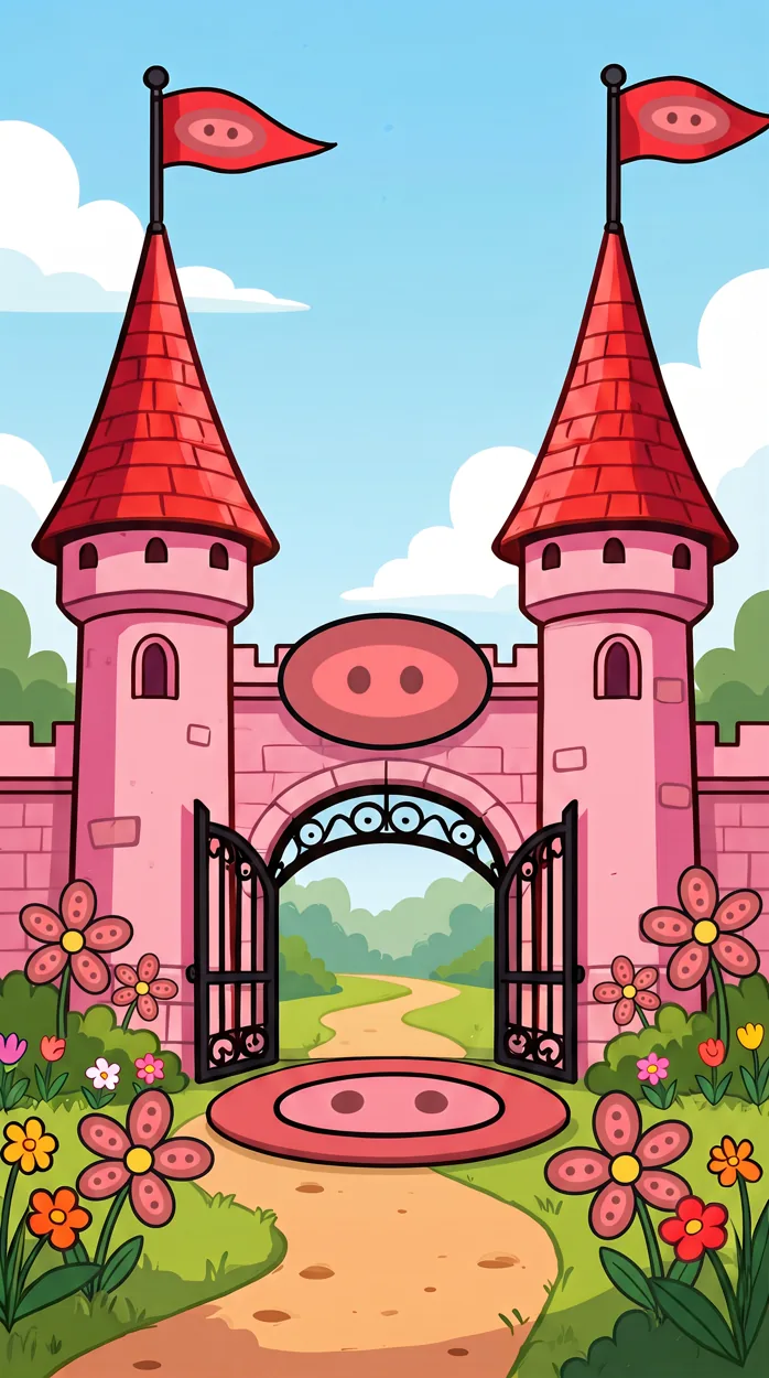 The pink gates of the Piggo Palace, with snout flags and snout flowers